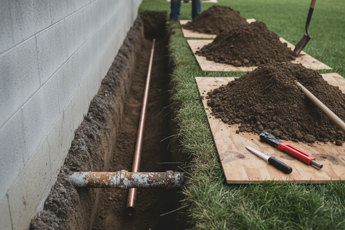Excavated water line trench during Water Softener Installation in West Hartland